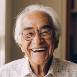 A laughing senior man with round glasses